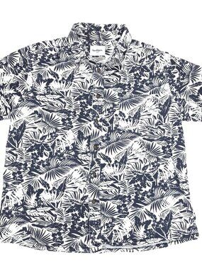 Goodfellow Button Shirt Men White Blue Standard Fit Palm Hawaiian 100% Cotton